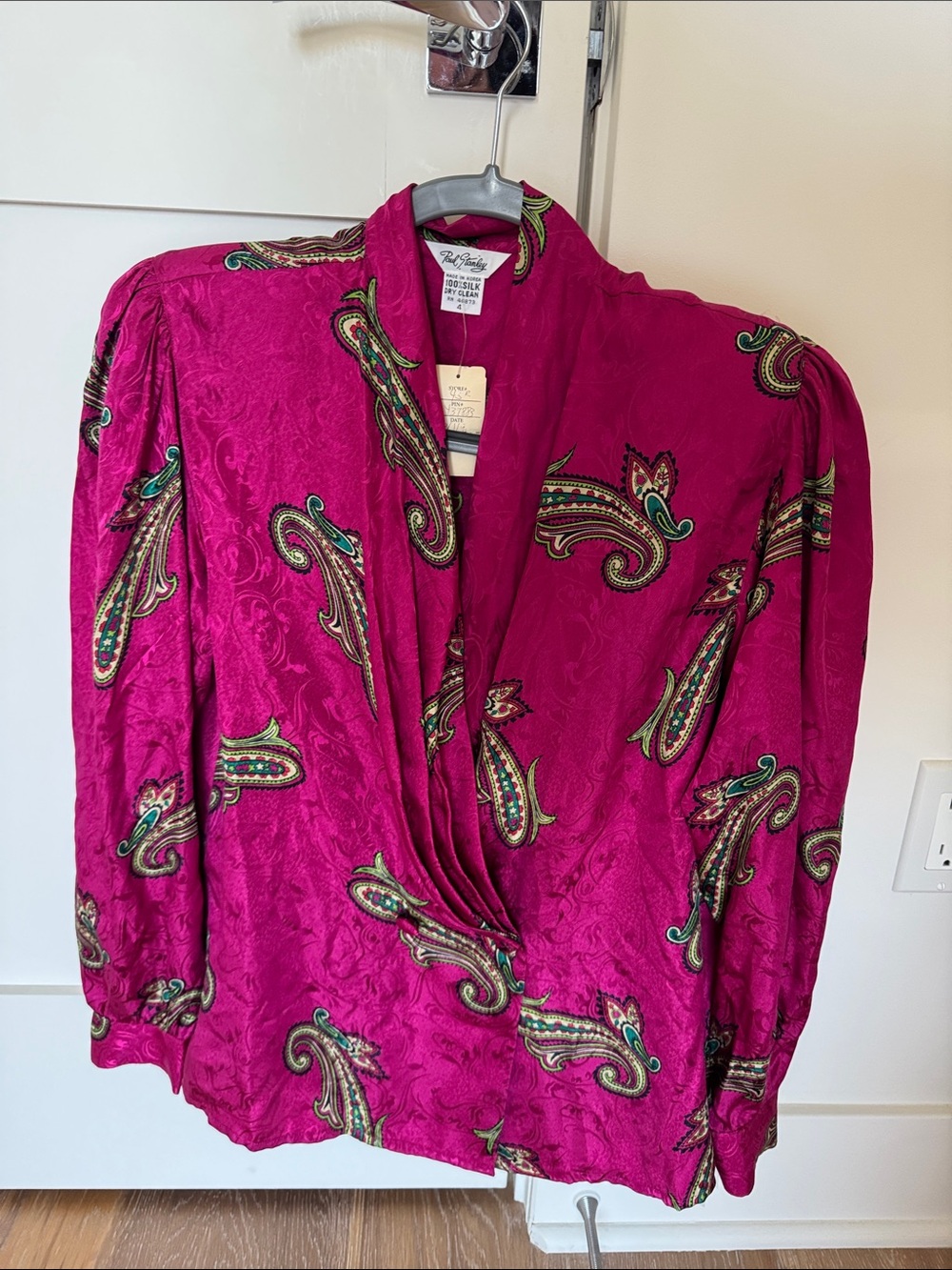 Vintage Paul Stanley Paisley Draped V-Neck Blouse in Fuchsia
